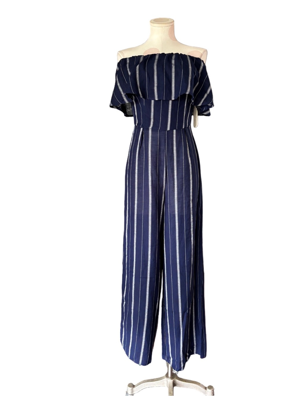 NWT Altar’d State Cara Off Shoulder Wide Leg Jumpsuit Navy Stripe Medium - Picture 5 of 10